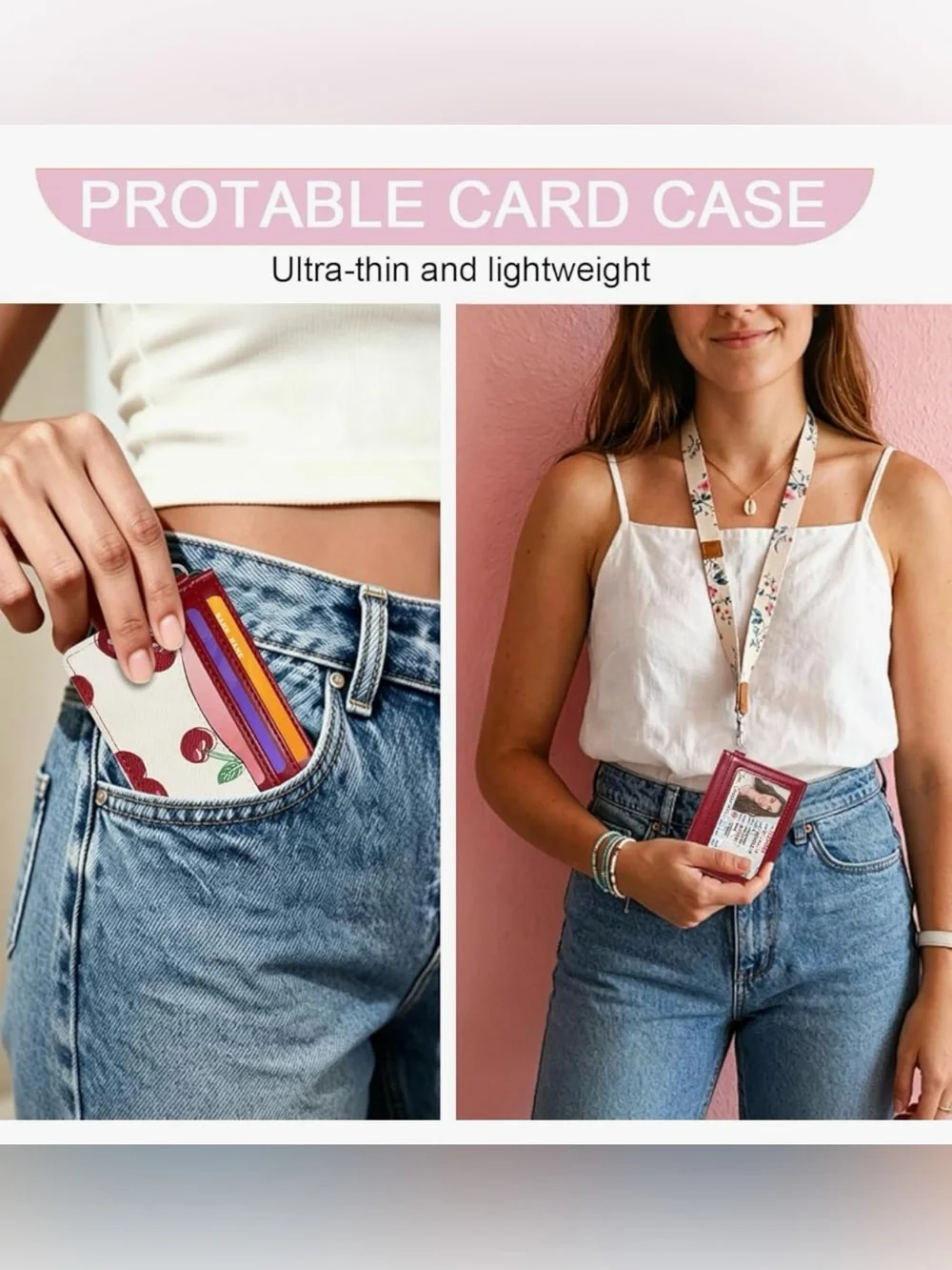 Slim Credit Card Case for Women with Cute Fruit Prints & ID Window (CHERRY)